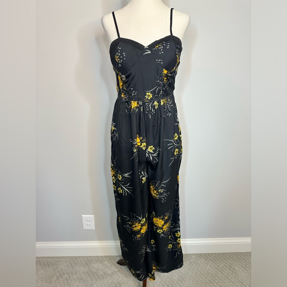 Sz M Band of Gipsies jumpsuit black gold floral bustier top ruched wide leg